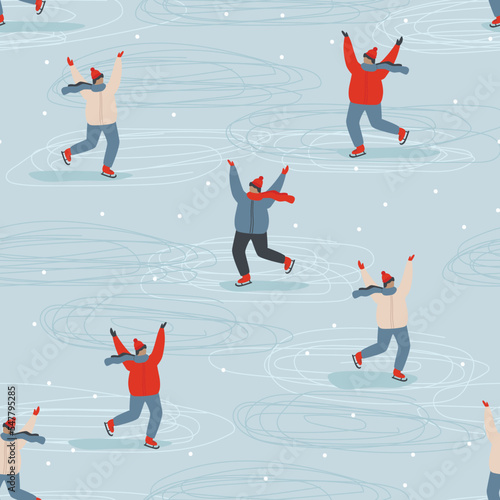 people enjoy outdoors activity at winter park seamless pattern vector flat illustration. pepole ice skating on blue backgorund. Simple winter seamless pattern with people