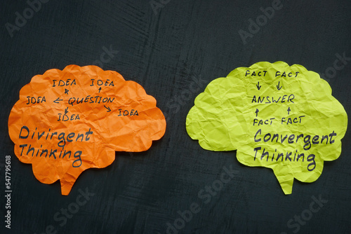 Paper brains with phrases divergent and convergent thinking. photo