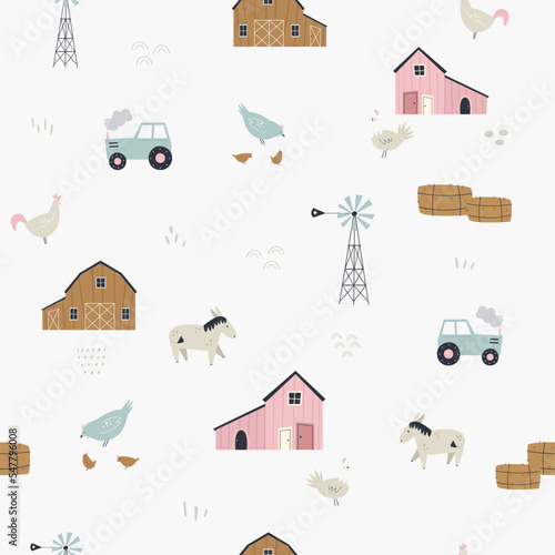 Seamless pattern with cute farm scenery - barn, funny animals, trees, tractors
