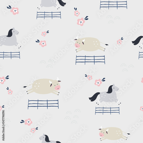 Seamless pattern with cute farm animals - horses and cows