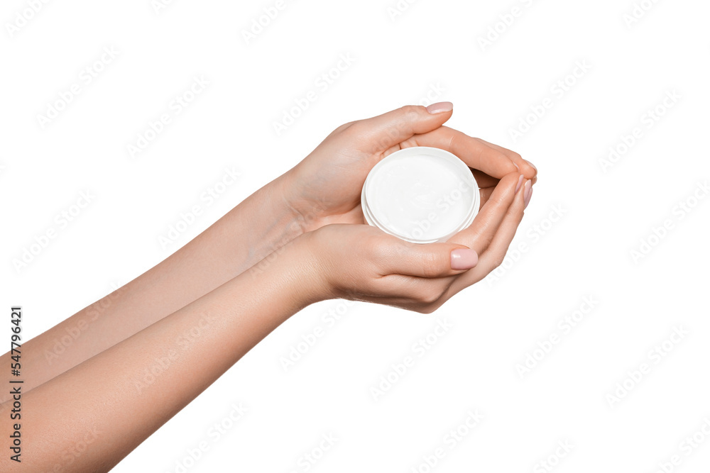 Container with bodycare and skincare cream in hands, isolated Container with bodycare and skincare cream in hands, isolated