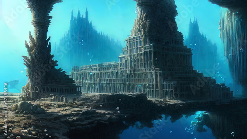 Ancient majestic sunken city of Atlantis civilization. Fantasy city at the bottom of the ocean. 3D illustration