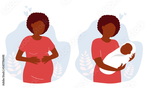 A pregnant african american woman and with a newborn baby in her arms. A happy mother expecting a baby. Vector graphics.