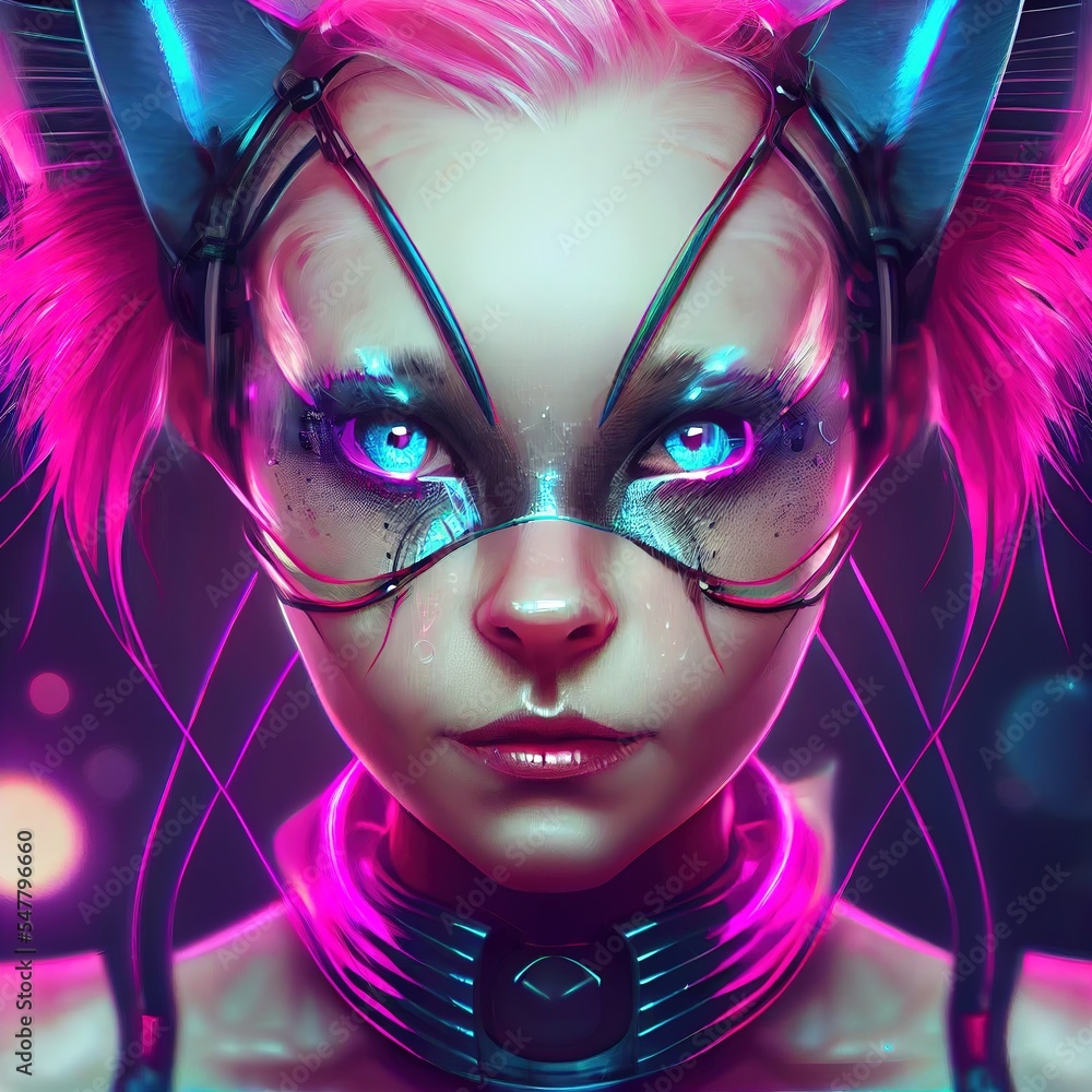 Beautiful cat woman in style of cyberpunk. Ai generated portrait Stock ...