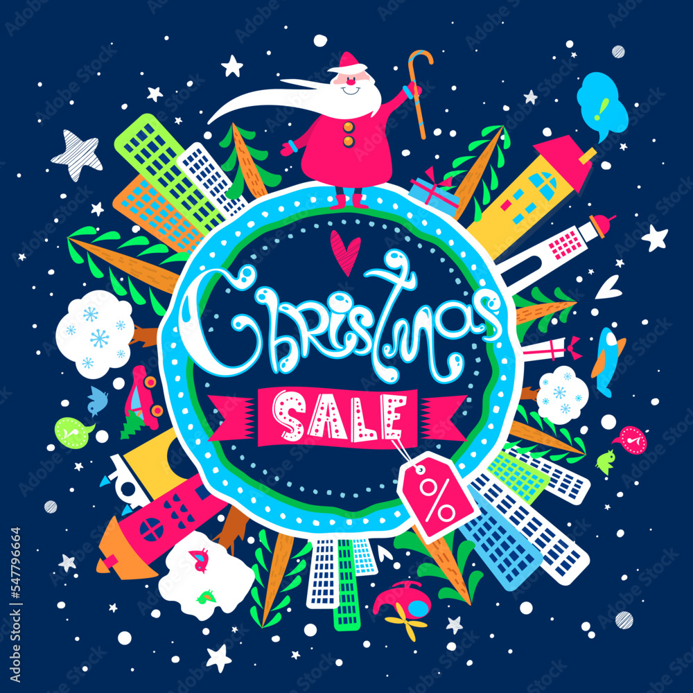 Christmas Sale poster. Banner or print with Santa Claus, city, trees, gifts and hand drawn text. Vector illustration. Discount design. Circle composition. Lovely childish illustration.
