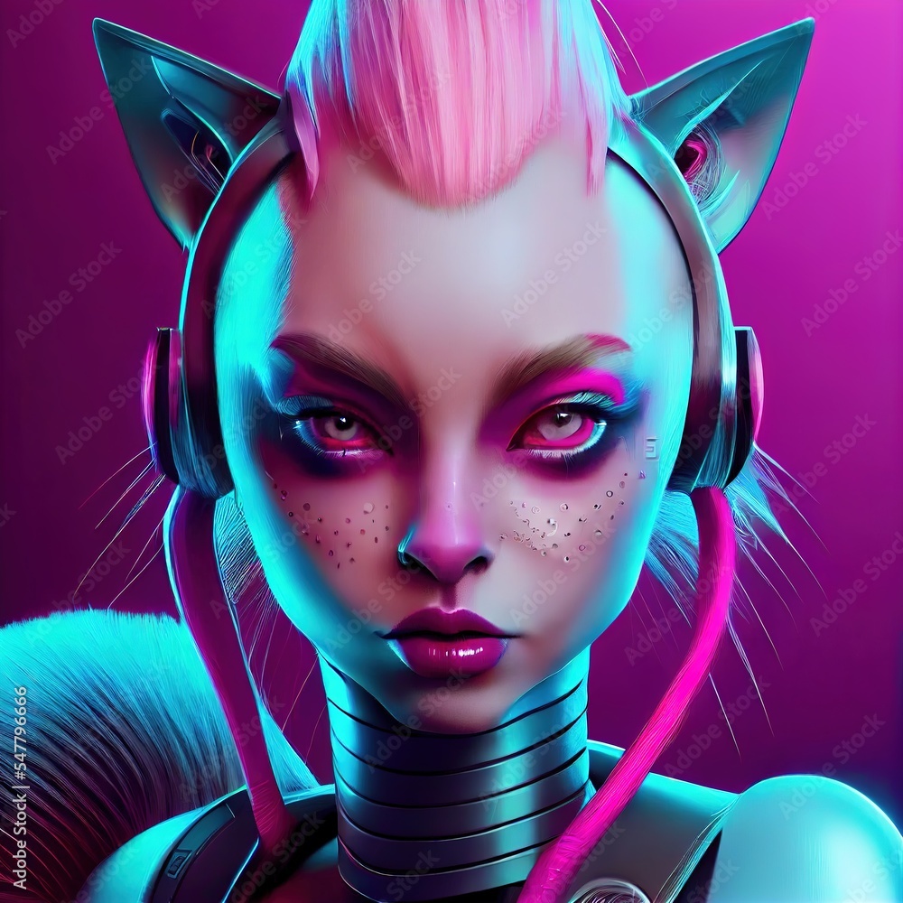 Beautiful cat woman in style of cyberpunk. Ai generated portrait Stock ...