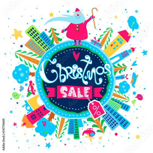 Christmas Sale poster. Banner or print with Santa Claus, city, trees, gifts and hand drawn text. Vector illustration. Discount design. Circle composition. Lovely childish illustration.