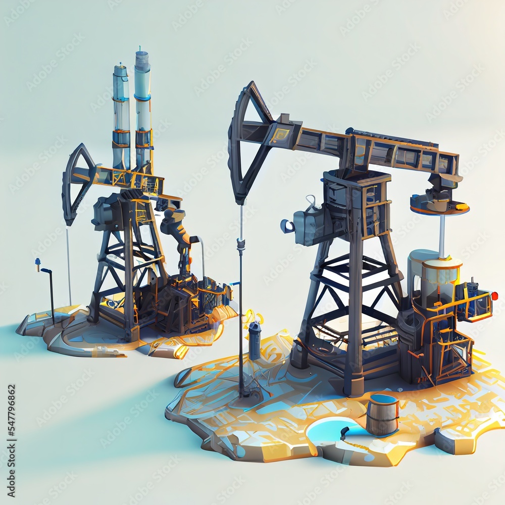 Cartoon oil pumps isolated on white background. Isometric view. Ai