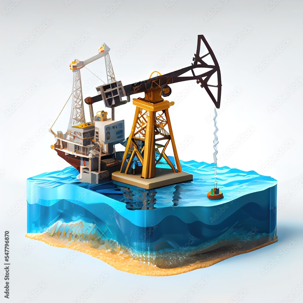 Cartoon oil pump in the sea isometric diorama isolated on white