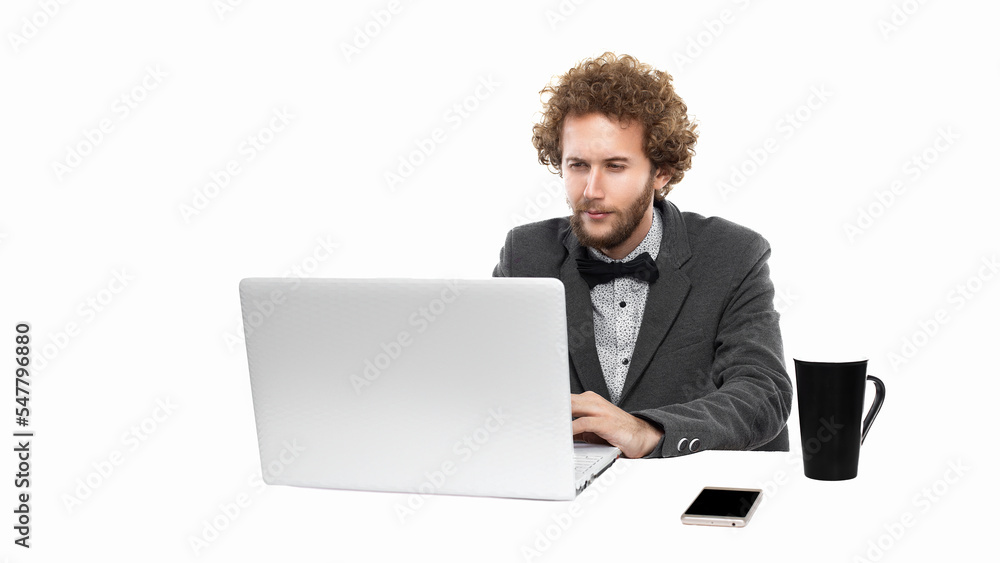 Portrait of funny sceptical businessman with bow tie who using laptop pc on white background Portrait of funny sceptical businessman with bow tie who using laptop pc on white background