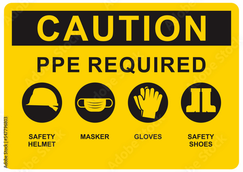 Safety sign for mandatory to wear personal protective equipment. Required helmet, mask, gloves, and shoes.