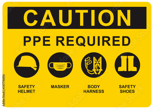 Work safety warning signs. Obligation and mandatory to wear personal protective equipment. Caution of PPE required.