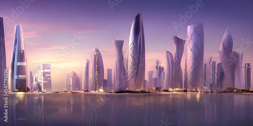 Doha Qatar im Abendrot, moderne Downtown Skyline mit Spiegelungen im Wasser, Illustration