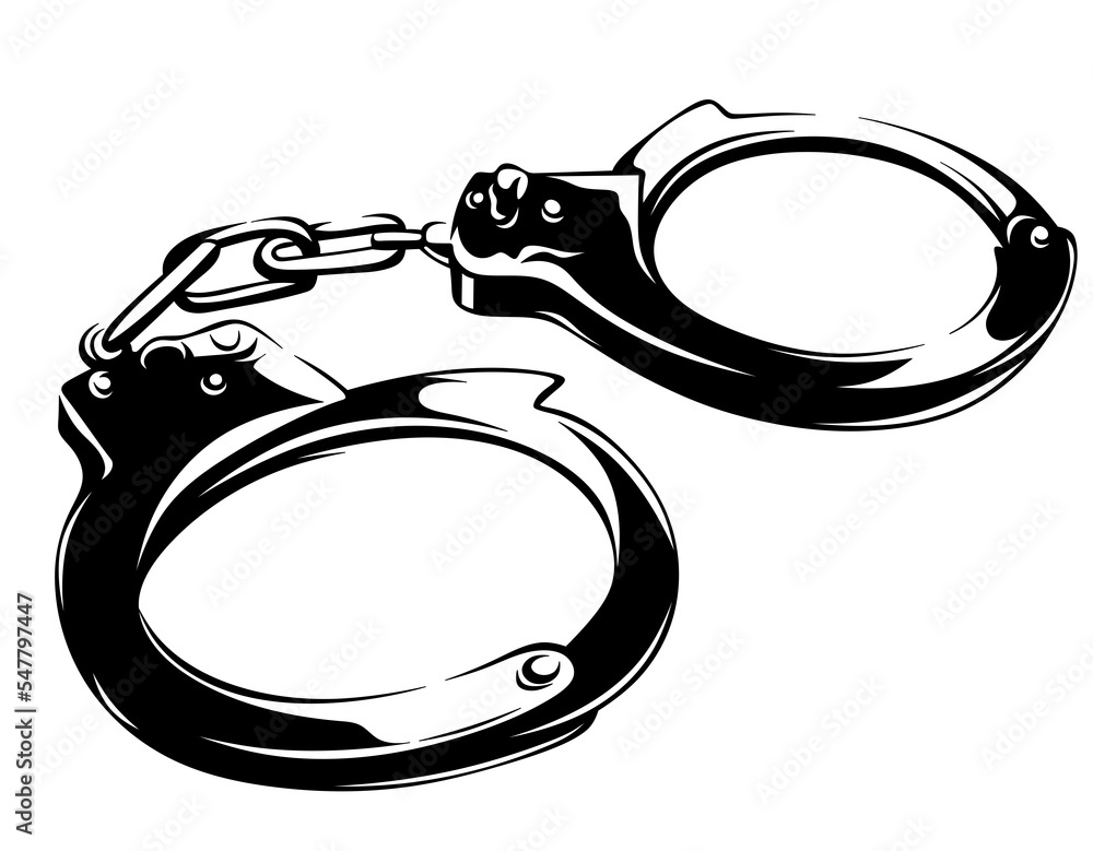 Isolated police handcuffs. Black and white illustration of handcuffs for arrest. Crime. Stock