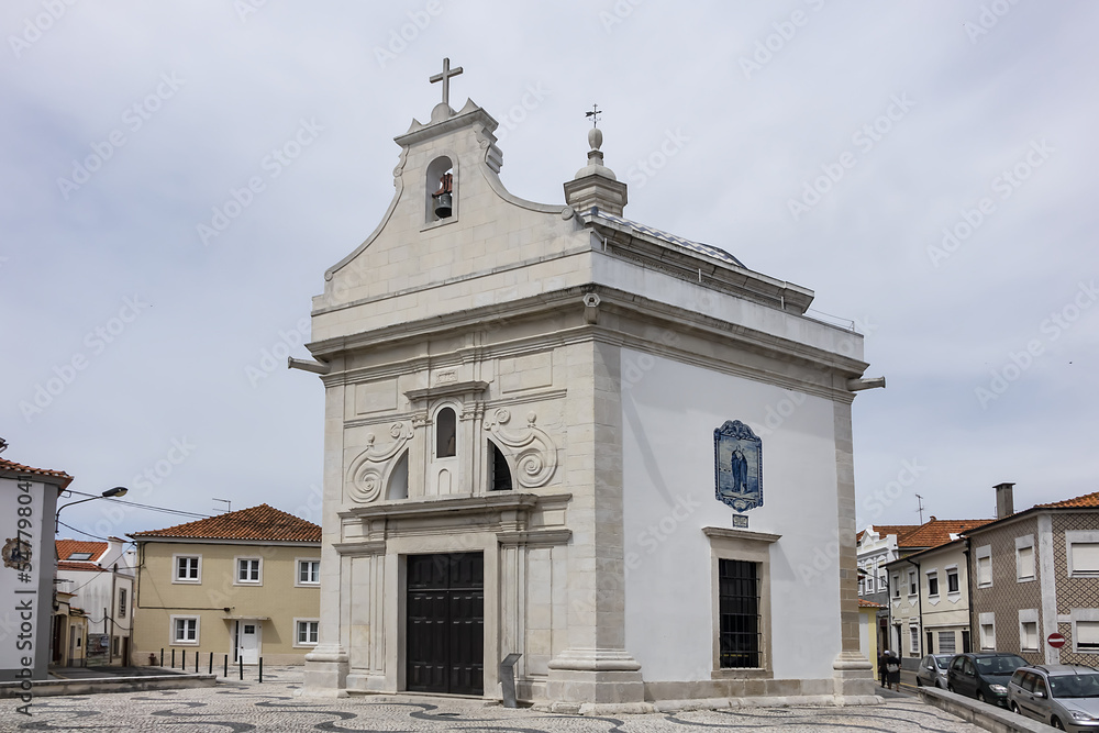 Chapel of Saint Goncalinho (Capela de Sao Goncalinho, built in 1714) - gleaming, white hexagonal chapel on Sao Goncalinho square. Chapel is named after Aveiro patron Sao Goncalinho. Aveiro, Portugal.