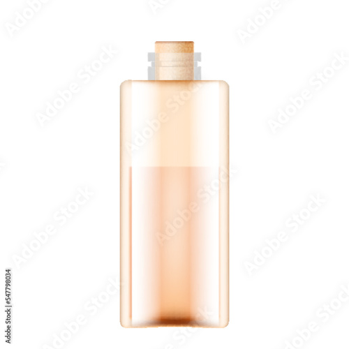 Sandalwood oil in glass bottle with wooden cork. Sandal tree ingredient element realistic