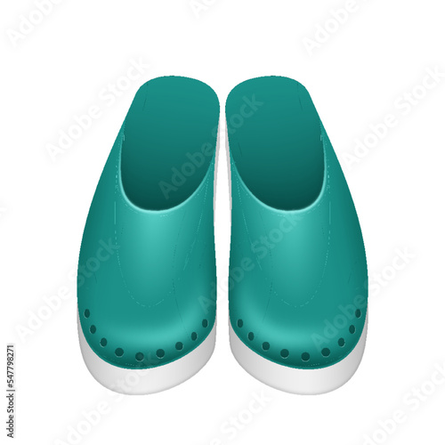 Medical footwear clogs on white background. Blue footwear for doctor, surgeon, nurse uniform
