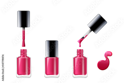 Nail polish realistic set. Red paint for manicure opened and closed bottle with lid, brush and drop