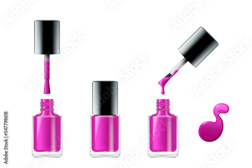 Pink nail polish realistic opened and closed bottle with lid, brush and paint drop isolated