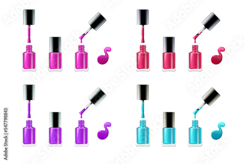 Nail polish set. Blue, pink and purple paint realistic opened closed bottle, brush and enamel drop