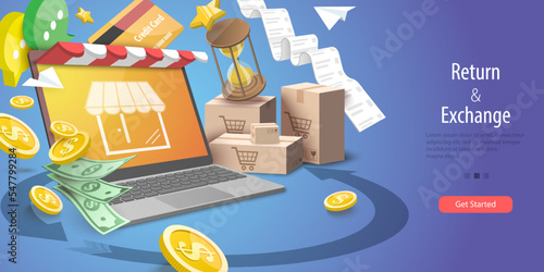 3D Vector Conceptual Illustration of Return And Exchange, Purchase Refunding Online Service
