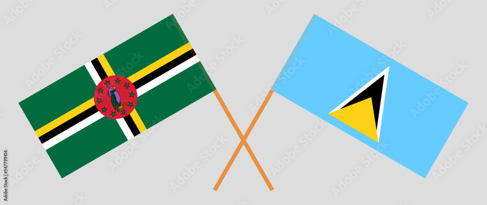 Crossed flags of Dominica and Saint Lucia. Official colors. Correct proportion Crossed flags of Dominica and Saint Lucia. Official colors. Correct proportion