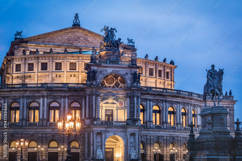 Semper Opera House Dresden illuminated at evening, Germany