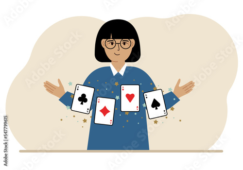 Woman holding playing cards cards. Playing combination of 4 aces or four of a kind.