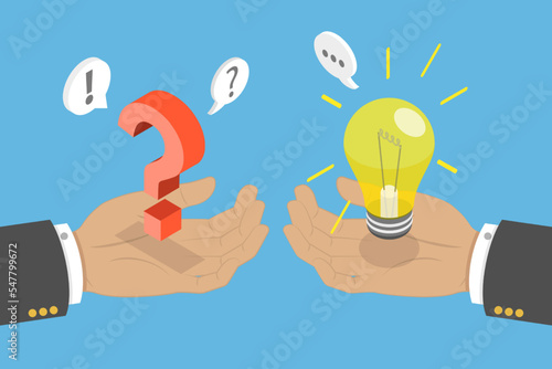 3D Isometric Flat Vector Conceptual Illustration of Question And Answer, Searching a Problem Solution