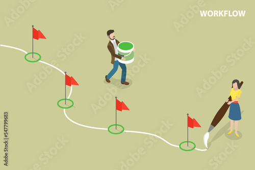 3D Isometric Flat Vector Conceptual Illustration of Workflow, Project Roadmap or Action Plan