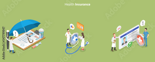 3D Isometric Flat Vector Conceptual Illustration of Health Insurance Scene Set, Medicine and Healthcare
