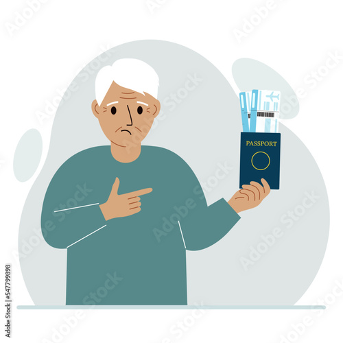 A man holds a passport with air tickets. The man shows the boarding pass. Travel concept.