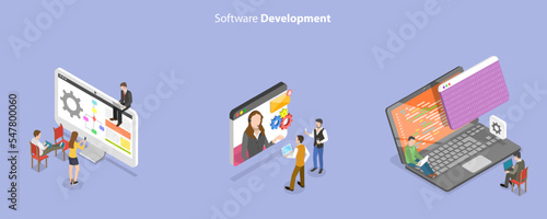 3D Isometric Flat Vector Conceptual Illustration of Software Development and Integration, Coding and Testing Process