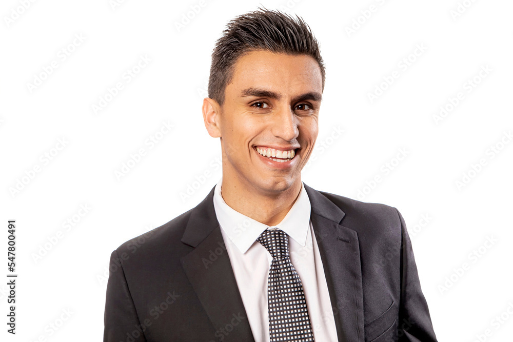 Man in a suit and tie with large laughing smile at the cameraon a white background Man in a suit and tie with large laughing smile at the cameraon a white background