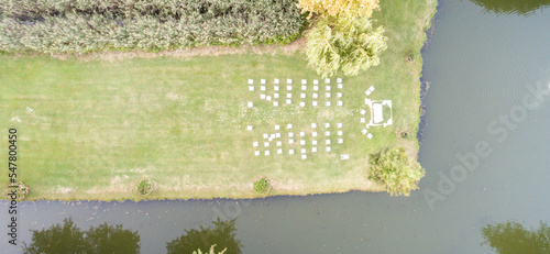 Aerial drone photo of an outdoor wedding event