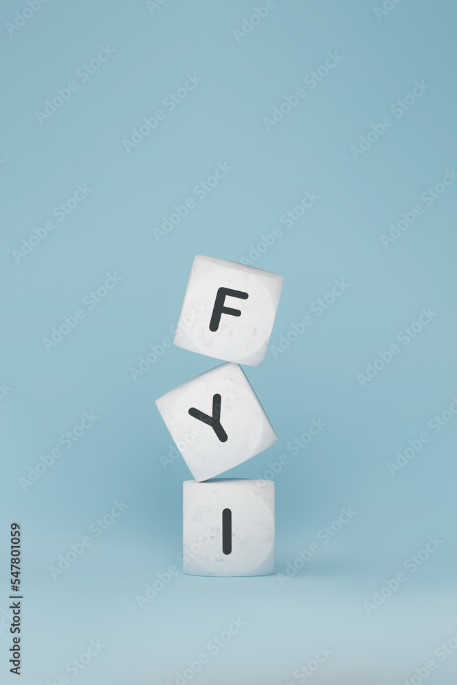 Marble tiles with FYI abbreviation stacked in blue background, 3d rendering. Letter cubes with mock-up with corporate business sign Marble tiles with FYI abbreviation stacked in blue background, 3d rendering. Letter cubes with mock-up with corporate business sign
