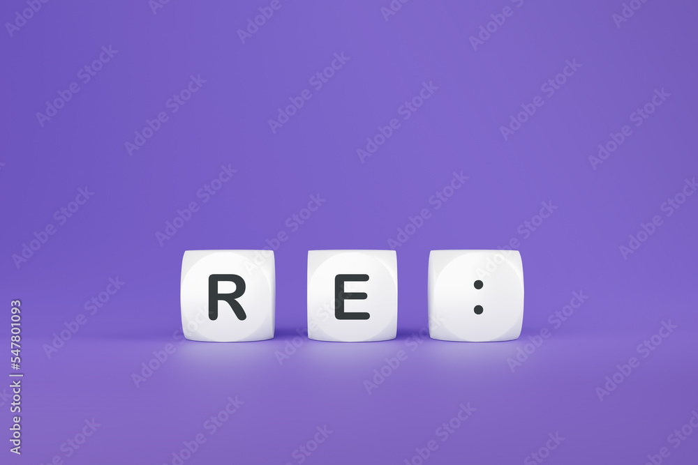 White plastic tiles with RE: sign stacked in violett background, 3d rendering. Letter cubes with RE: letters, business, work correspondence, e-mail and commercial concepts White plastic tiles with RE: sign stacked in violett background, 3d rendering. Letter cubes with RE: letters, business, work correspondence, e-mail and commercial concepts