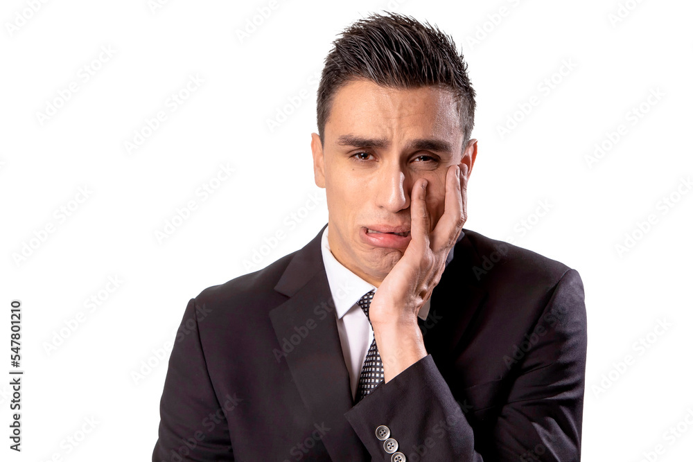 Man in suit and tie upset and crying on a white background Man in suit and tie upset and crying on a white background