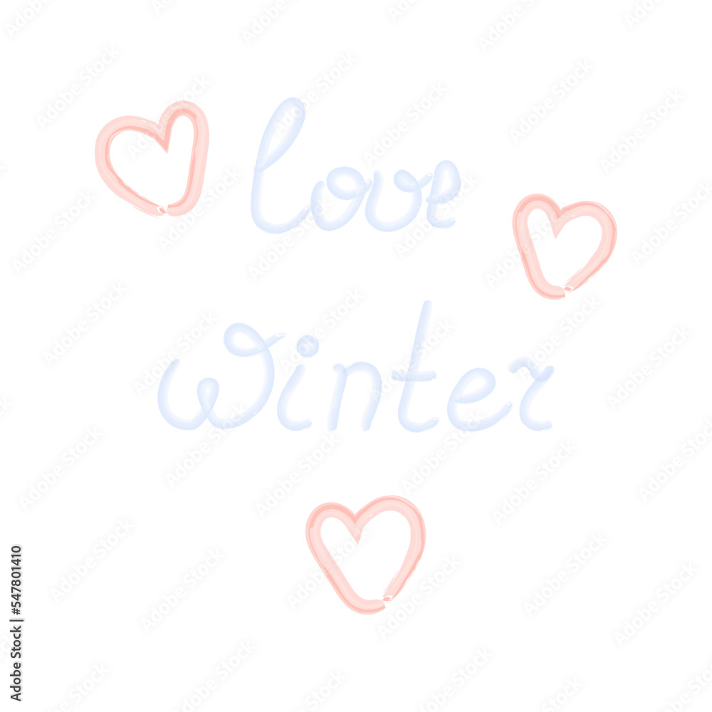 Love Winter. Hand drawn Lettering with watercolor strokes and heart shaped figures in trendy shades.