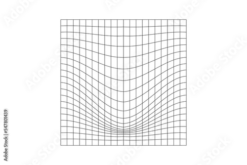 Distorted square grid. Geometric deformation effect. Mesh warp texture. Convex futuristic net. Gravity phenomenon. Bented lattice surface photo