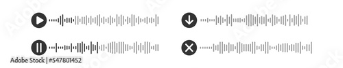 Sound file icons. Voicemail pictograms. Audio chat elements with play, pause, download buttons and speech waves isolated on white background. Messenger mobile app interface. Vector graphic