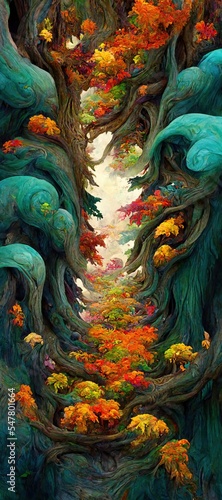 Abstract magical fantasy woods - vibrant autumn fall colors  misty fog and sacred old towering fantasy trees in strange and unusual curvy shapes.