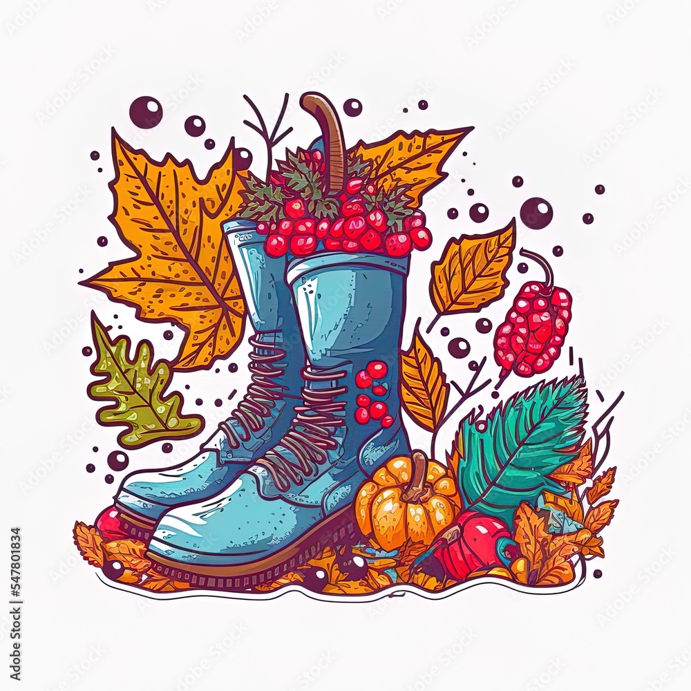 Autumn composition with rubber boots, berries and leaves Fall decoration Hand drawn design picture for autumn seasonal theme 2d illustrated illustration , anime style