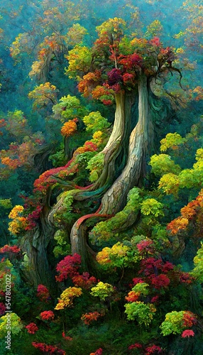 Abstract magical fantasy woods - vibrant autumn fall colors  misty fog and sacred old towering fantasy trees in strange and unusual curvy shapes.