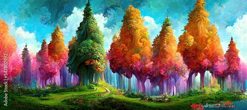 Abstract magical fantasy woods - vibrant autumn fall colors, misty fog and sacred old towering fantasy trees in strange and unusual curvy shapes.