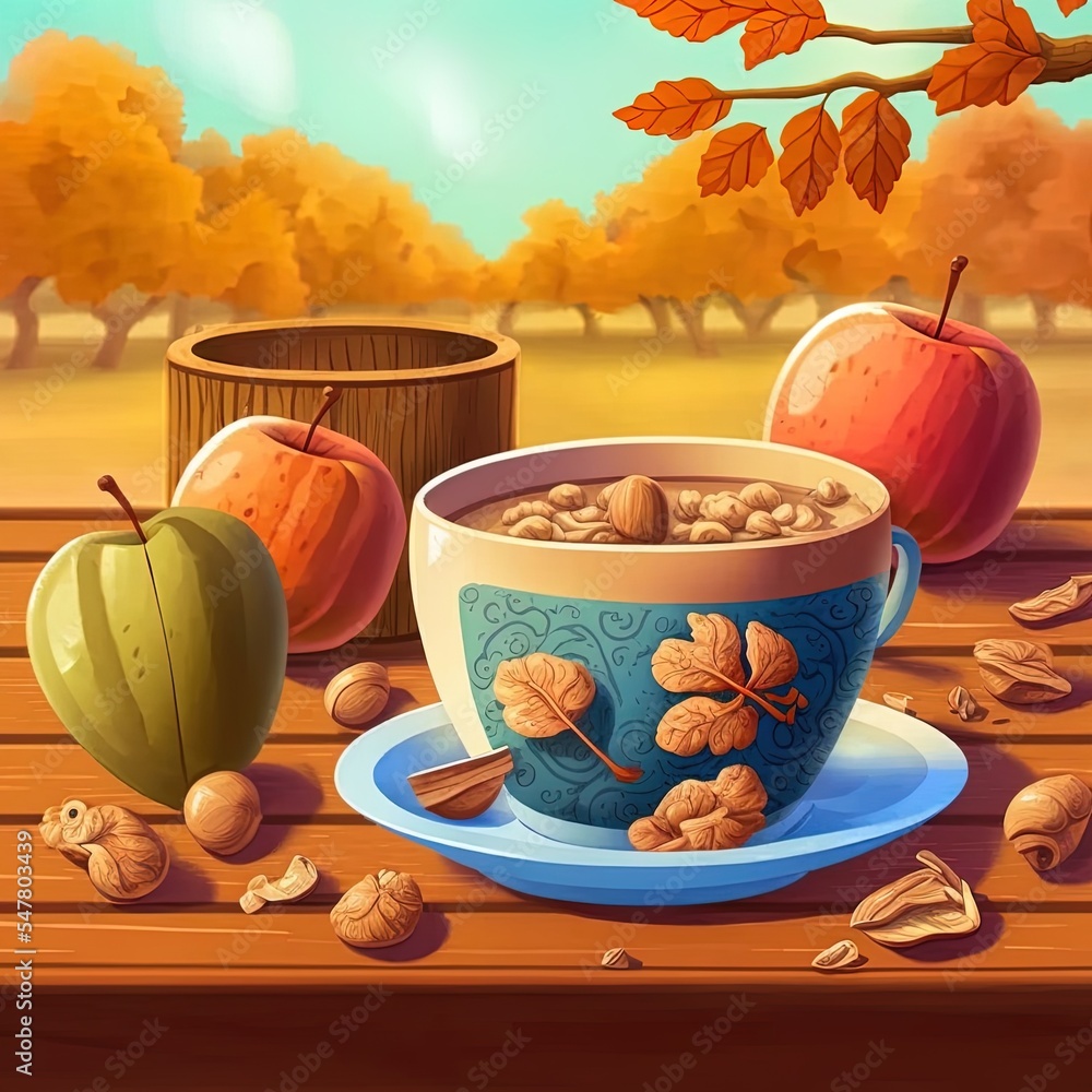 walnuts in shell lie in bowl on wooden background. behind are apples and an earthenware mug with drink. concept of harvest, autumn comfort and warmth, preparation for winter, natural products walnuts in shell lie in bowl on wooden background. behind are apples and an earthenware mug with drink. concept of harvest, autumn comfort and warmth, preparation for winter, natural products