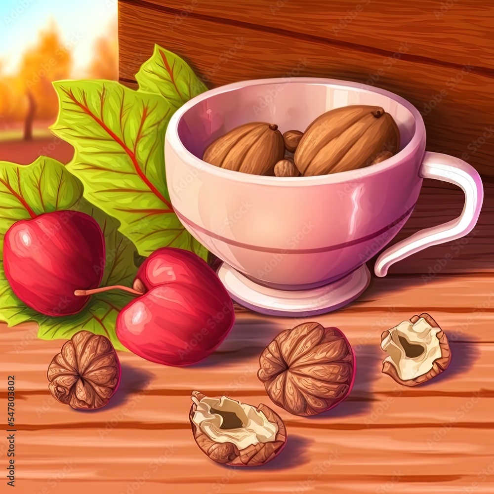walnuts in shell lie in bowl on wooden background. behind are apples and an earthenware mug with drink. concept of harvest, autumn comfort and warmth, preparation for winter, natural products