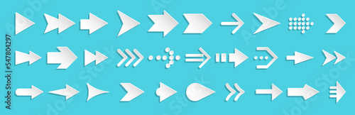 Arrows paper cut origami white icon big set. Different shape pointer symbol. Up down left right forward backward direction signs. Arrow cursor download upload previous next page web navigation button