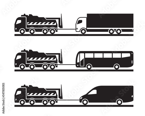Tow truck pulls damaged vehicles – vector illustration