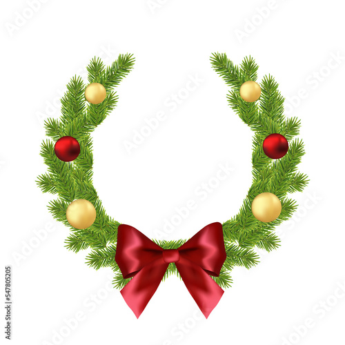 Christmas wreath from fluffy green pine tree branches with christmas balls